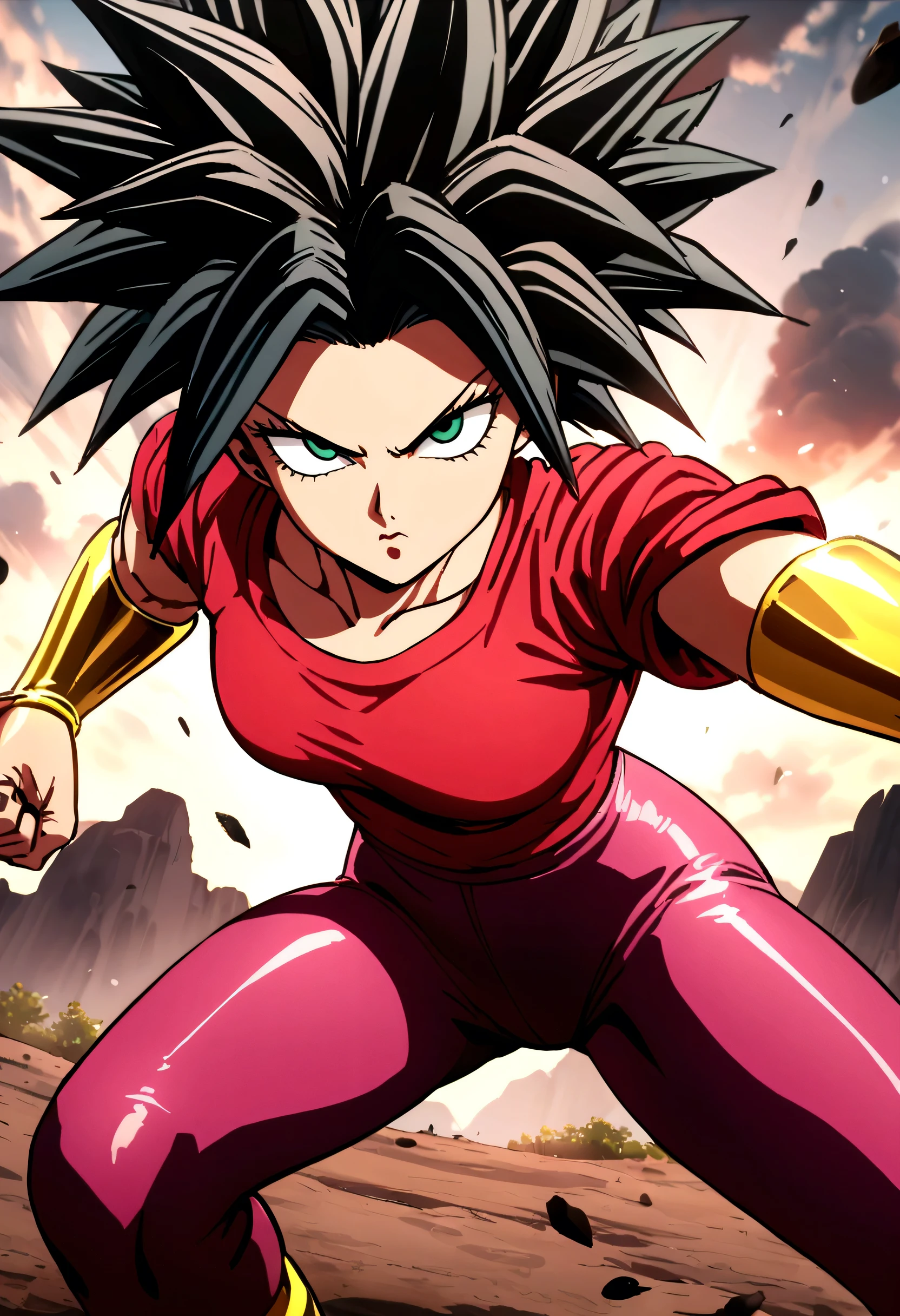 Kefla with black hair up, with red top and leggings, One punch man style