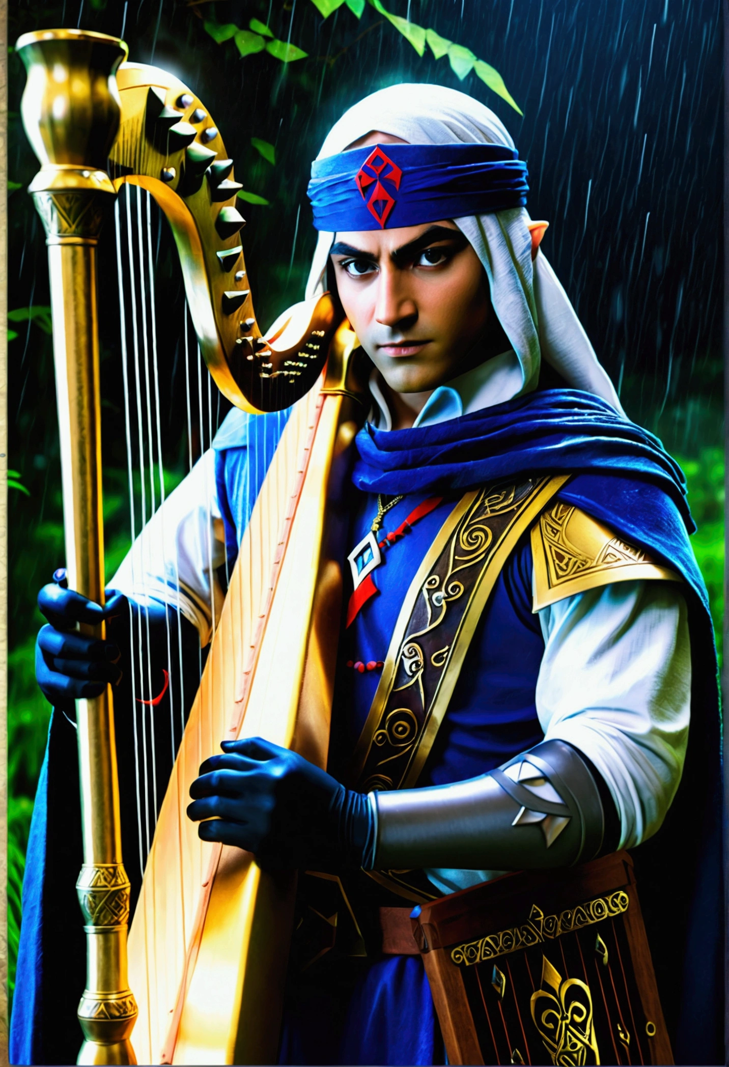 Sheik from zelda ocarina of time, alone, holding harp, character poster, alone, dark and rain, cosplay realistic, 4k final amazing, movie poster