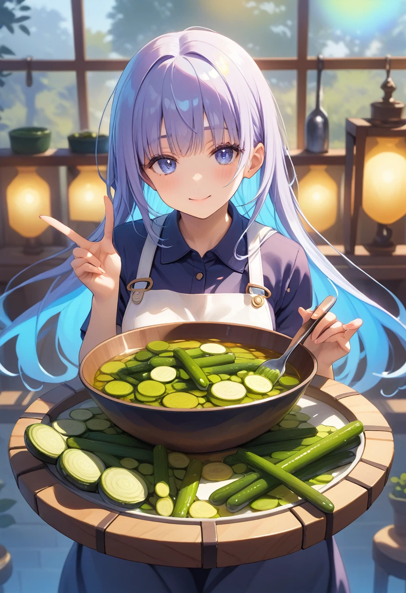 "A cheerful female character making a peace sign with her hand. She has blue-purple hair styled in flowing waves with a gradient effect, adding depth and dimension. The hair shimmers under the light, highlighting its texture. The background features a cozy kitchen with various utensils and food items. In the foreground, there are two jars filled with vibrant pickles, with clear labels visible. The image includes contrasting text that says 'Packaged' to emphasize."