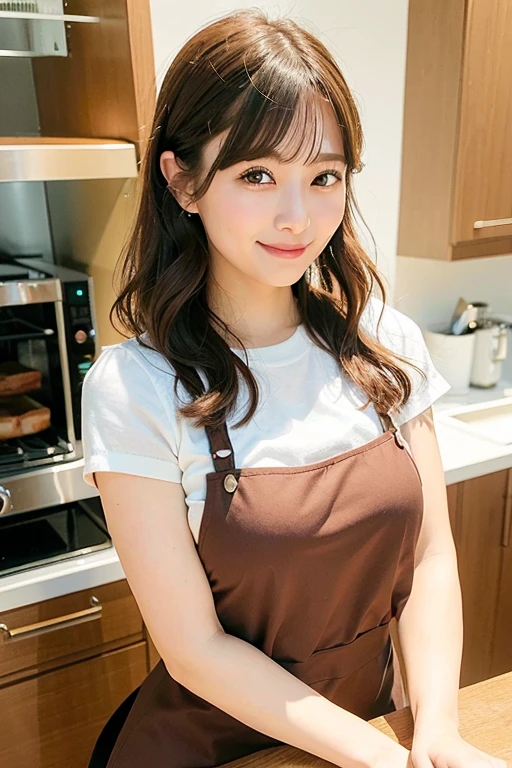 top-quality、超A high resolution、(Photorealsitic:1.4)、1 Lady Solo, /(Staff Uniforms/) /(Brown Apron/), /(Brown hair/) Bangs, blush gentle smile, (masterpiece best quality:1.2) Ultra-detailed delicate illustrations, Big breasts Breasts /(Bakery Shop/)