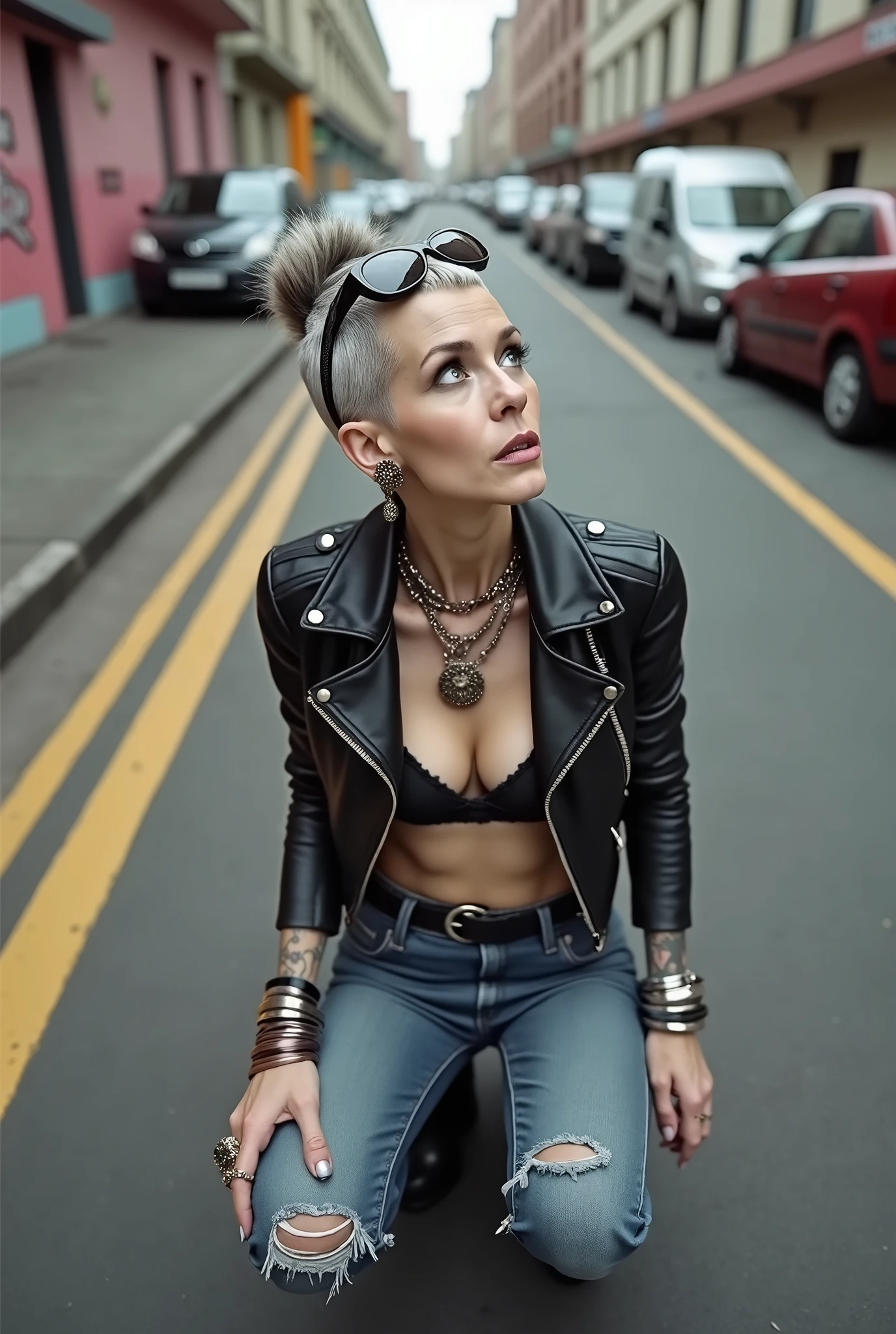 russian old milf woman, grey hair (huge top bun with shaved sides) and sunglasses as headband (big maxi glasses), with very light blue eyes, extremely pale. Wearing cropped spiked  black moto jacket, some side pockets with zippers,  black bra, skinny dark blue jeans (worn and dirty knees) with white thread seams and pointy Chelsea boots with cuban heels. Bandana knotted in one arm. Lots of metallic bracelets and collars. Lots of pendants. Tacky leather belt with oversized buckle. Long earrings. Sitting on the floor, looking up, chin up, eyes and mouth wide open in amazement. Hands in her lap .Looking at the camera in amazement,  toned abdominals, thin legs and thin arms. tattoed