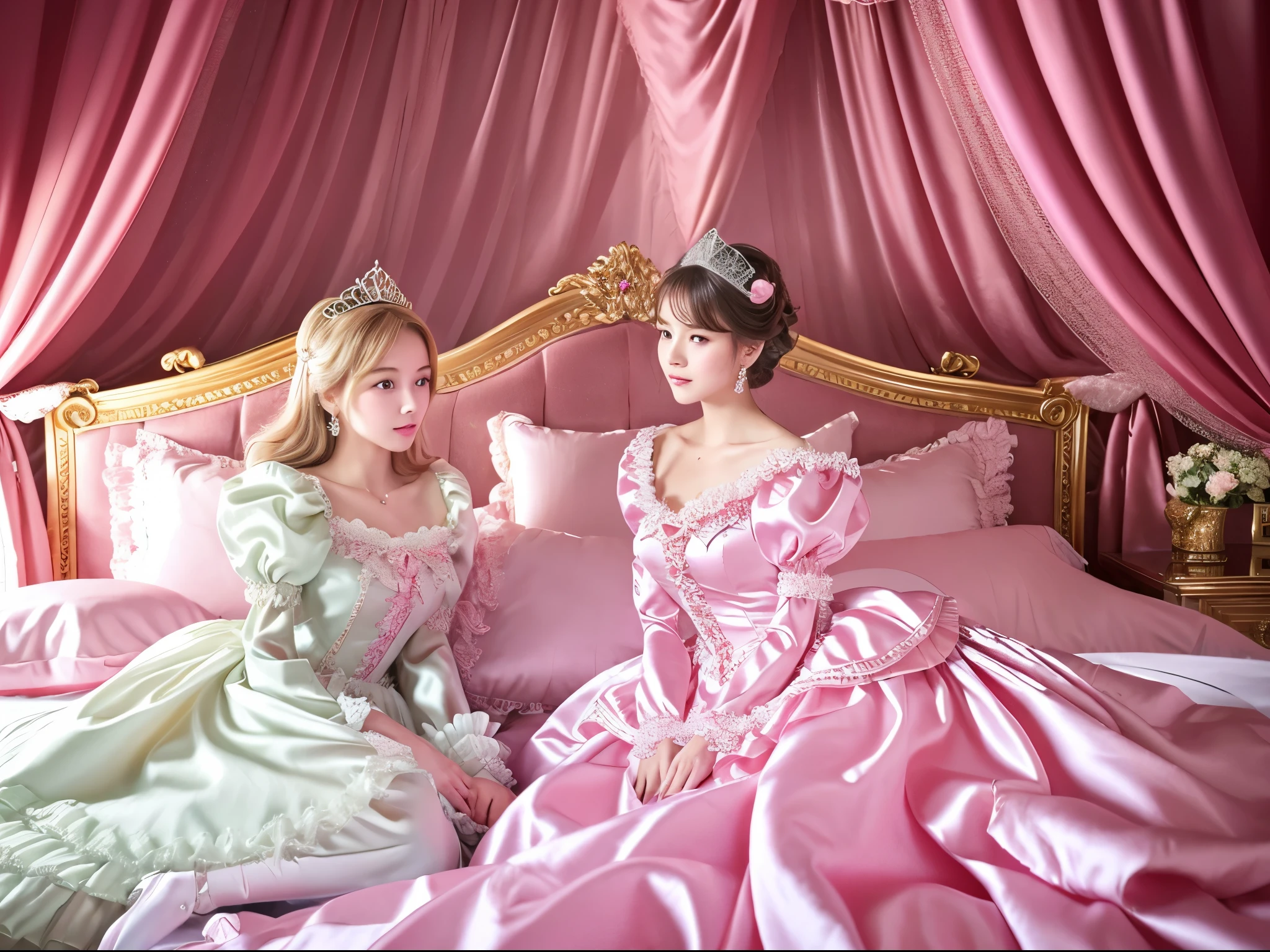 highest quality, masterpiece, highest resolution, artwork, super それにget used to it, many get used to it, get used to it, それにget used to it, 3k realistic pictures,,((10 year old little girls)),Ultra-detailed juvenile face,ultra-detailed beautiful little girls,girls are princess,full length ball gown dress with hoop skirt,ruffled yoke collar,puff sleeves,long sleeve,((Lolita style hot pink detailed princess satin dress with lots of ruffles and ribbons)),Rococo style lolita fashion,shiny satin dress,Soft and smooth fabric,detailed princess dress,luxury,long blonde hair,blue eyes,white skin european,Pajama,((in the bedroom of the palace)),luxury princess canopy king size pink bed,shiny satin sheets,ultra-detailed princess bed,High-quality background,lot of frilled pillows,on the bed,