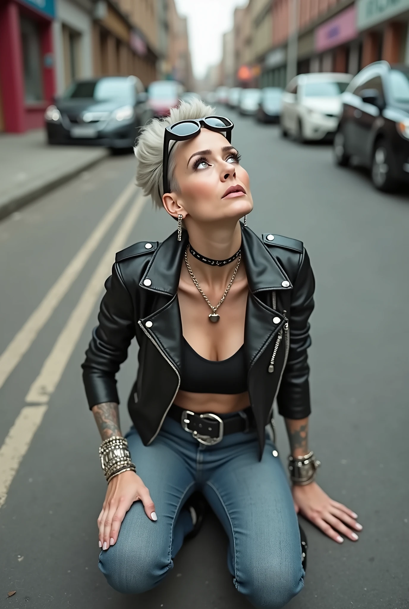 russian old milf woman, grey hair (huge top bun with shaved sides) and sunglasses as headband (big maxi glasses), with very light blue eyes, extremely pale. Wearing cropped spiked black moto jacket, some side pockets with zippers, black bra, skinny dark blue jeans (worn and dirty knees) with white thread seams and pointy Chelsea boots with cuban heels. Bandana knotted in one arm. Lots of metallic bracelets and collars. Lots of pendants. Tacky leather belt with oversized buckle. Long earrings. Sitting on the floor, looking up, chin up, eyes and mouth wide open in amazement. Hands in her lap .Looking at the camera in amazement, toned abdominals, thin legs and thin arms. tattoed