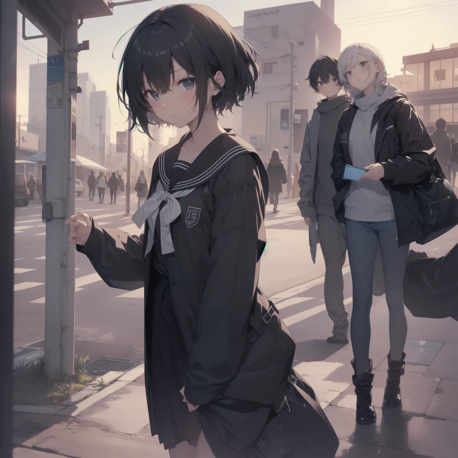 ultra-absurdres-Top quality by artist God, ultra-detailed, high resolution, anime moe artstyle, best anime 8k konachan wallpaper, pixiv contest winner, pool:2810, perfect anatomy,break, 1girl, (Please draw a girl walking sleepily to school alone. )break,(Solo,little female, 13-year-old:1.3),Full limbs, complete fingers,a junior high school student, (very short hair), short cut, flat chest, , small butt, small black eyes, beautiful detailed eyes, well-proportioned iris and pupils, expressive eyes, highres detailed hair, soft expression, salor school_uniform, sailor collar, serahuku, bow, pleated skirt,(Detailed Lighting), (Detailed background), in the School commute route. break,super detailed skin, Best cinematic lighting powered by famous artist, 8k,beauty illustration,photoshop_(medium),very aesthetic,break,((artist:rappa_(rappaya) )), artist:clamp ,artist:carnelian ,artist:kantoku ,

