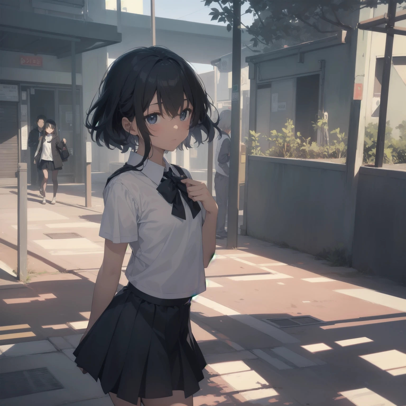 ultra-absurdres-Top quality by artist God, ultra-detailed, high resolution, anime moe artstyle, best anime 8k konachan wallpaper, pixiv contest winner, pool:2810, perfect anatomy,break, 1girl, (Please draw a girl walking sleepily to school alone. )break,(Solo,little female, 13-year-old:1.3),Full limbs, complete fingers,a junior high school student, (very short hair), short cut, flat chest, , small butt, small black eyes, beautiful detailed eyes, well-proportioned iris and pupils, expressive eyes, highres detailed hair, soft expression, salor school_uniform, sailor collar, serahuku, bow, pleated skirt,(Detailed Lighting), (Detailed background), in the School commute route. break,super detailed skin, Best cinematic lighting powered by famous artist, 8k,beauty illustration,photoshop_(medium),very aesthetic,break,((artist:rappa_(rappaya) )), artist:clamp ,artist:carnelian ,artist:kantoku ,