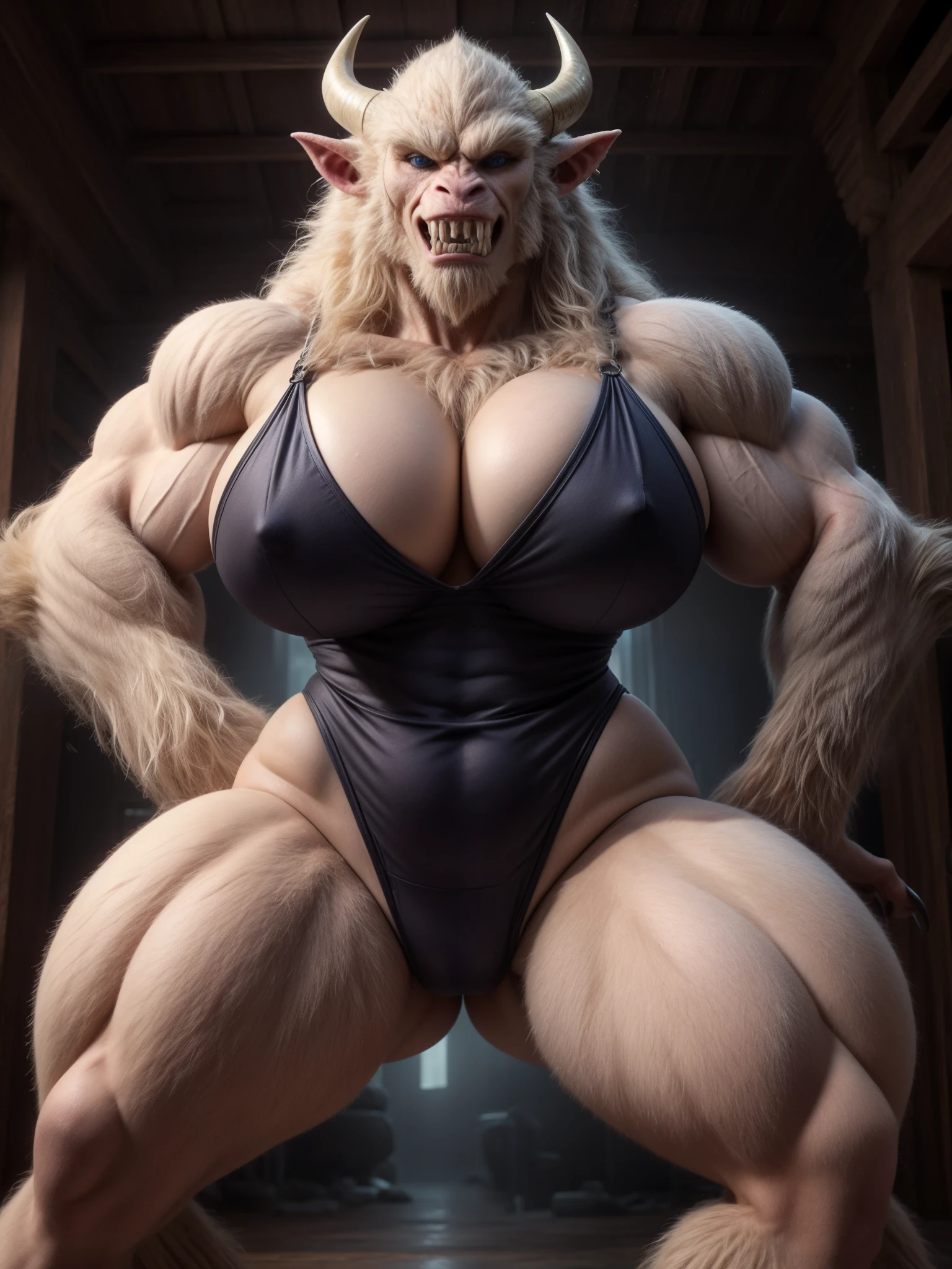 A highly detailed and realistic photographic portrait of a woman transformed into a yeti monster, with a muscular, curvaceous figure and thick white fur covering her body. She wears a high-leg leotard that accentuates her large, busty breasts and broad hips. Her face features piercing blue eyes, sharp claws, intimidating teeth, and imposing horns, giving her a powerful and intimidating presence.