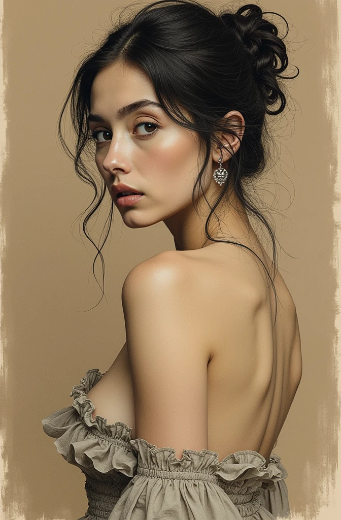 Hand-drawn portrait of a young semi-nude woman "Anastasia", Victorian era., post-impressionist style, minimalist brushwork, prosaic style, beautifully shaded, black ink on Manila paper,