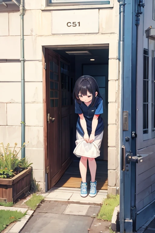 absurderes，hight resolution，((masutepiece)）。animesque、((Best Quality)), (lensflare）、（Ultra-detailed), (Beautiful),((Kawaii Girl)), 独奏，Beautiful face、White skin、​masterpiece, （ers old：1.3）、Dark hair、（One girl in a cute dress、One girl takes to the bathroom、Standing、closed eye、embarrassed from、Blushing、is crying、Tears flow from the eyes、Slightly open mouth、Become an inner thigh）、a street(Girl is peeing:1.2)、Mini skirt,