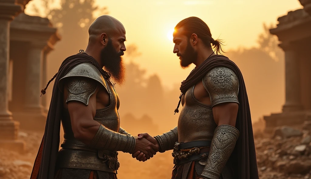 shaking hands after the battle, with the ruins of Kanchipuram in the background."