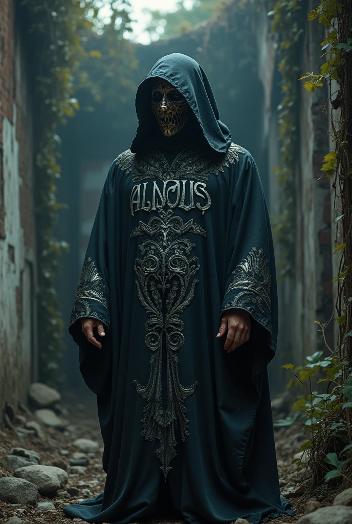 a man wearing a mask and a robe with the words "ALDOUS" written on it, and his right hand is large, and his left hand is small, set in an abandoned 