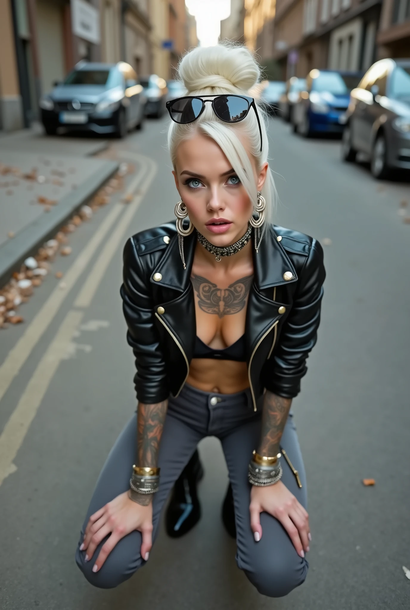 russian milf woman, platinum blonde hair (huge top bun) and sunglasses as headband (big maxi glasses), with very light blue eyes, extremely pale. Wearing cropped black moto jacket, black bra, dark grey jeans and pointy Chelsea boots with cuban heels . Lots of metallic bracelets and collars. Tacky leather belt with oversized buckle. Wide loop earrings. Kneeling in a dirty street, arms akimbo, chin up, eyes and mouth wide open, looking at the camera in amazement. Hands on her knees. toned abdominals, thin legs and thin arms. tattoed