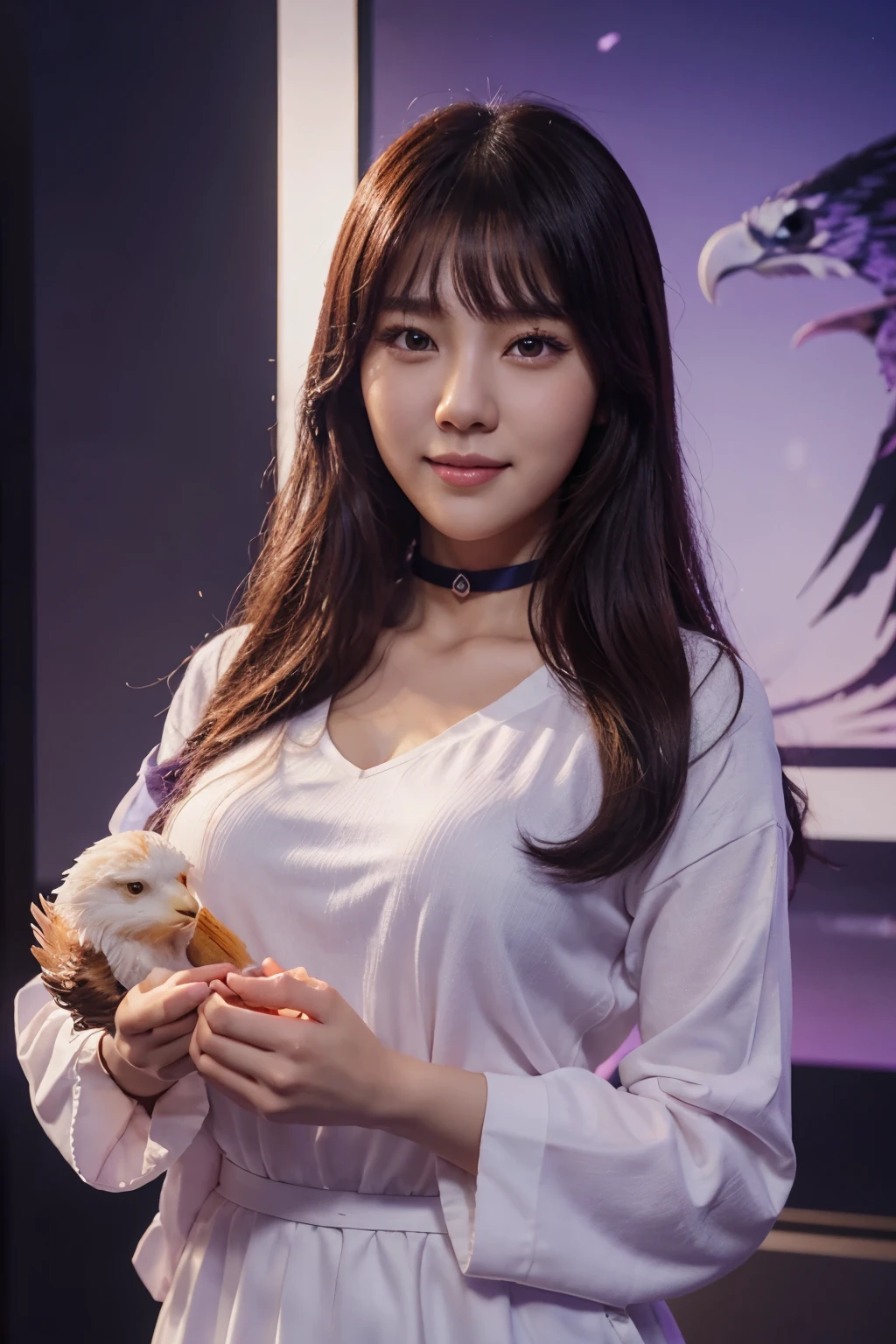Digital manhwa 3d of seol yeon ah with a pretty face and smiling sweetie holding an eagle with an epic purple background