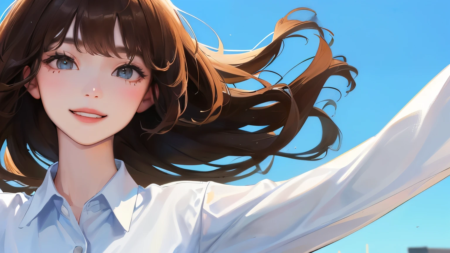 ((Perm hairstyle))),(((Blue sky background)))、(((Smile))、((1 person)),Masterpiece,best quality,,((White shirt))、((Open your arms))、((Brown Hair)),determined expression, Upper body diagram、 (Highest Resolution、Clear_image)、Best Quality、Light and shadow contrast、((Backlight))、Very detailed、Semi-realistic、、、、19 years old、 Young lady,,young、((View from the front))、Delicate Facial Features