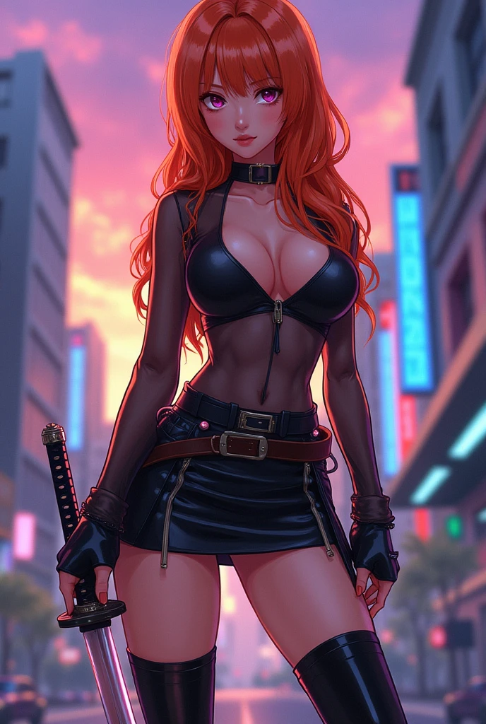 Style Anime, femme adulte, cheveux orange, mini jupe très courte, longues bottes, porte-jartelle, chemisier quasi transparent, grand décollleté, poitrine important, seins visibles débordznt de la robe, katana dans main droite, main gauche touchant un sein, décor urbain, pose lassive, longues jambes, jambes écartées, culottes visibles, nswf, érotique