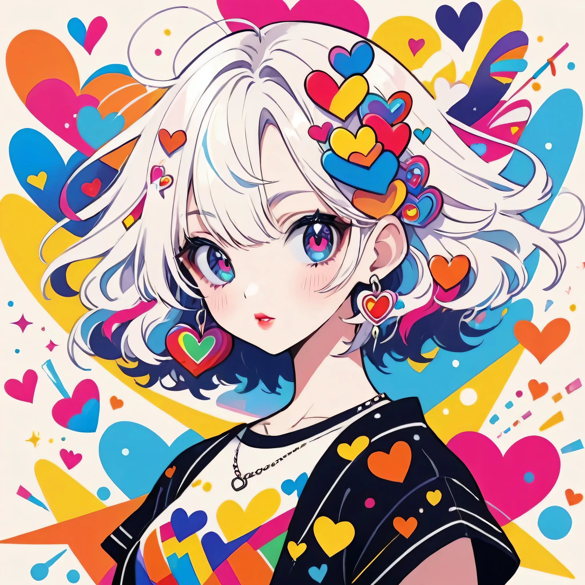 Ultra-realism Vasily Kandinsky colorful style, Simple Line Initialism,Abstract art,(((The most beautiful girl of all time))), Sweet face. Lips in love, colorful hearts, stylish design, Stylish summer clothes, Dark Eyes, Playing, Harajuku Street