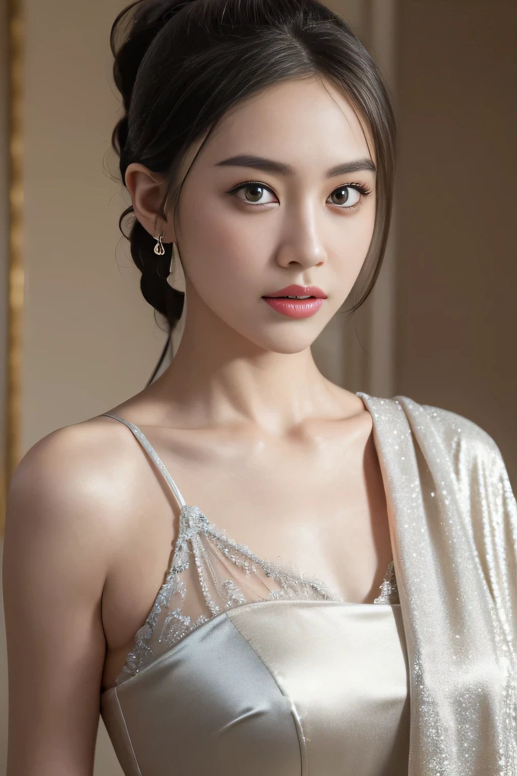 (best quality, masterpiece:1.2), ultra high res, realistic, front lighting, intricate detail, Exquisite details and textures, 1girl, solo ,(young), face highlight, upper body, detailed face, tear mole, white skin, silver hair, ponytail, braid hair, looking at viewer, big eyes, silk robe, (hollow pattern, white, silk), earrings, big breasts, slim body, luxury room, professional lighting, photon mapping, radiosity, physically-based rendering,