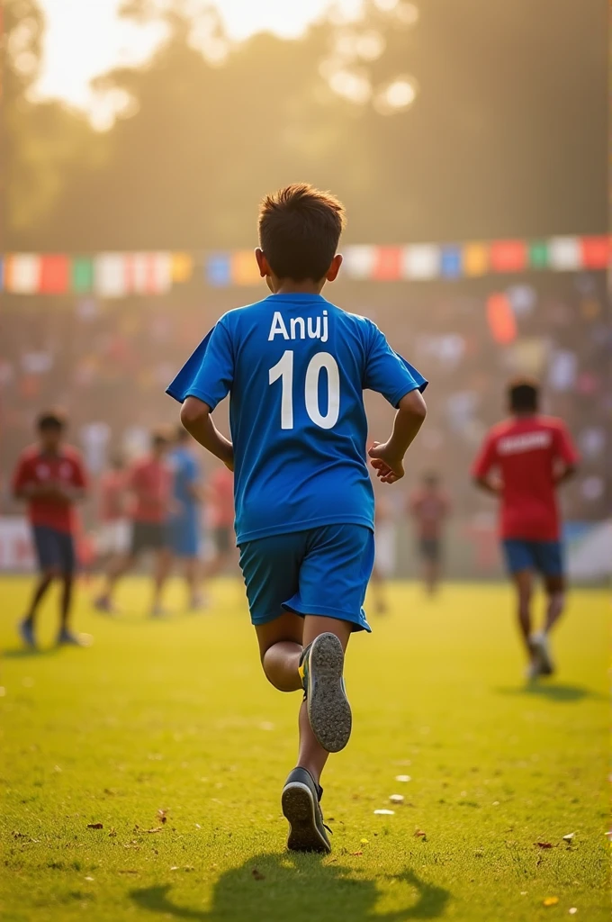 A  age boy running in his kho kho ground written his name Anuj on his jersey 