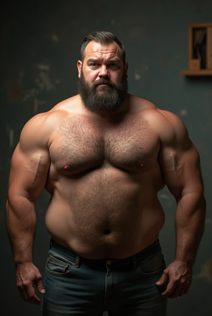An award-winning original photo, A burly muscledaddy man, (40 years old daddy:1.1), 1 man, Solo, (wearing Nothing), (big shoulders), musculature, strong physique, hairy, chubby and fluffy, stubbles, Short beard, (Detailed body), realistic eyes, deadpan, looking at viewer, deadpan, lighting, (Very Realistic Best quality, A Very high resolution, Very Photorealistic), Cinematic lighting, Masterpiece, RAW photo, Very Intricate details, Very High hdr, depth of field, upper body shot, ( Very realistic:2.6), (from the front), (from below)