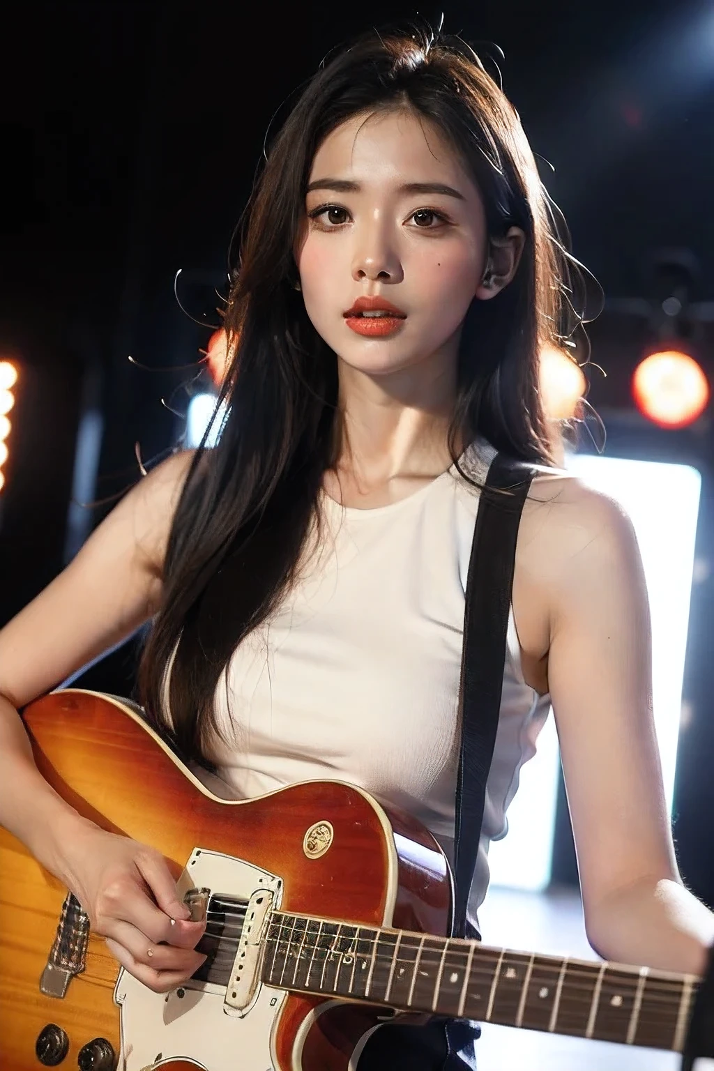 Best Quality, Masterpiece, Ultra High Resolution, (Realistic: 1.2), Original Photo, Head Photo, Skin, Simple Background, Seductively tall, D-cup big breasts,
Black Eyes, Detail, Selfie, 1 Girl, a white top, night, on stage live concert, play electric guitar and sing a song with microphone.