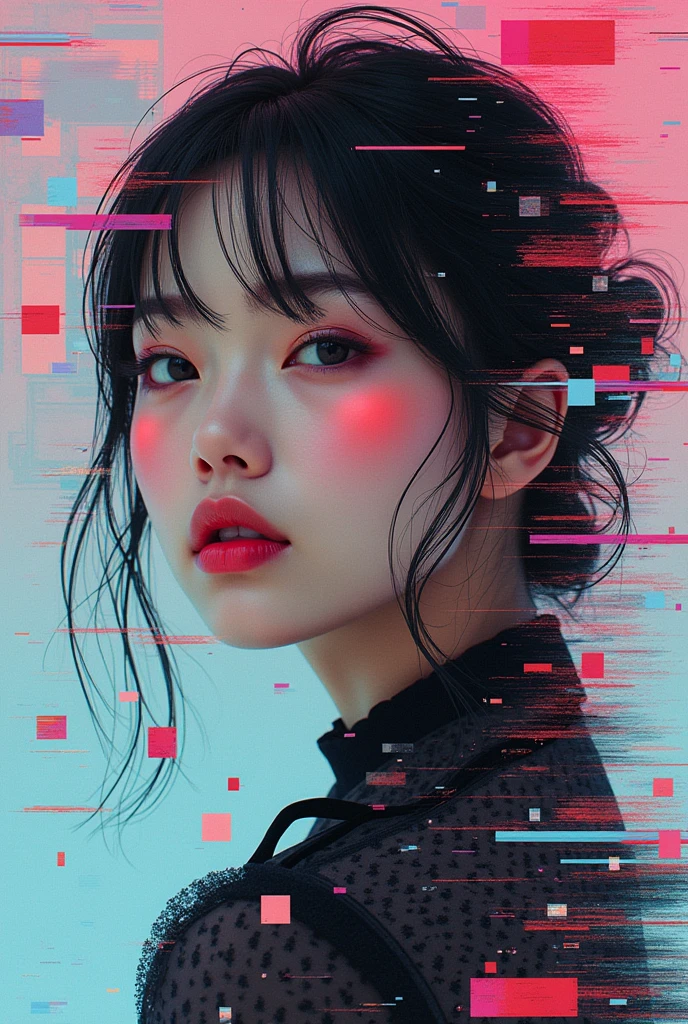 (cover of a magazine:1.3),ulzzang-6500, (realisitic: 1.3) (original: 1.2), work of art, best qualityer, beautiful clean face, whole body, 1 girl, glitch art, (Digital Distortion), pixelated fragments, Data corruption,Color noise, visual chaos,contemporary aesthetic