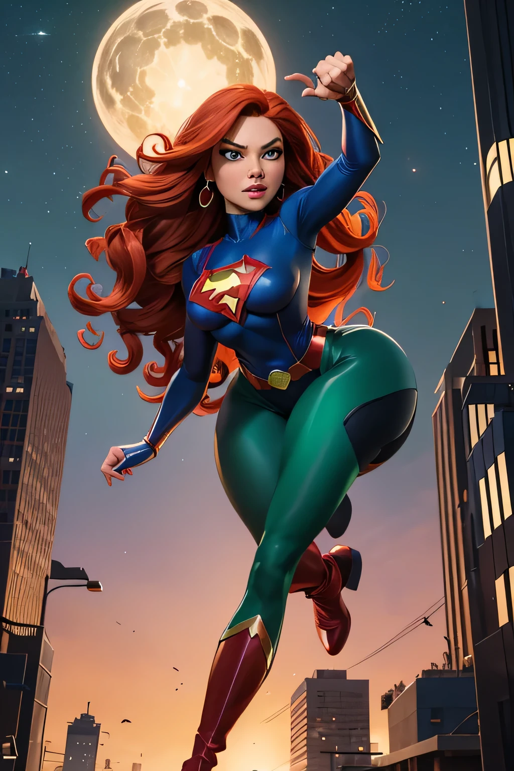 Legacy Lady, ((superheroine, runing and chasing bad man in the future night city)), She has very long shining redhead and outward curl hair, She wears a long-sleeve leotard, high-cut pants, and thigh-high boot tights. Her costume is all shining green. Adorned with an emerald pendant, ruby and sapphire rings, and a diamond bracelet.
