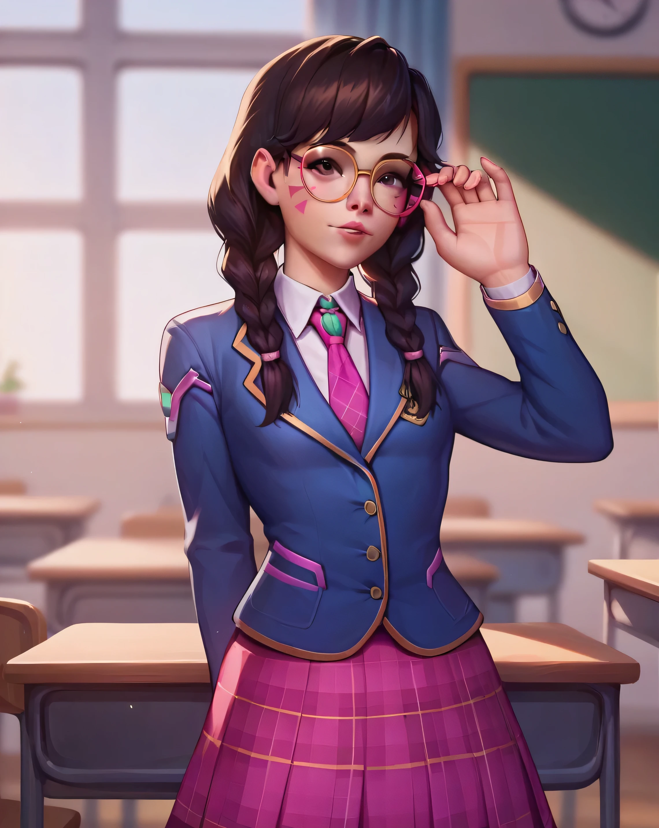 score_9, score_8_up, score_7_up,score_6_up, score_5_up, 2.5d,  highly detailed,1girl, solo focus, medium shot ,  academy dva, glasses , twin braids, classroom background 