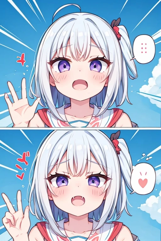 1girl,heart-shaped pupils,fingernails,hands on own face,white hair,purple eyes,(blush:1.1),choker,upper body,trembling,sweat,sweatdrop,heart,(speed lines:1.1),medium breasts, ((heavy breathing:1.3)), love, heart, crop top, happy, smile, vampire teeth, vampire, blood dripping down the teeth, evil smile, cute,