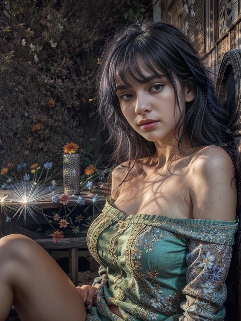 A captivating digital art portrait of a young woman surrounded by a vibrant array of flowers. Her wavy, dark blue hair frames her face, blending seamlessly with the floral elements around her. The flowers, in shades of orange, blue, and white, create a striking contrast against her pale skin. She gazes directly at the viewer with an intense, almost ethereal expression. The intricate details of the petals and leaves intertwine with her hair, giving the impression that she is one with nature. The overall composition is both delicate and dramatic, evoking a sense of mystery and enchantment.