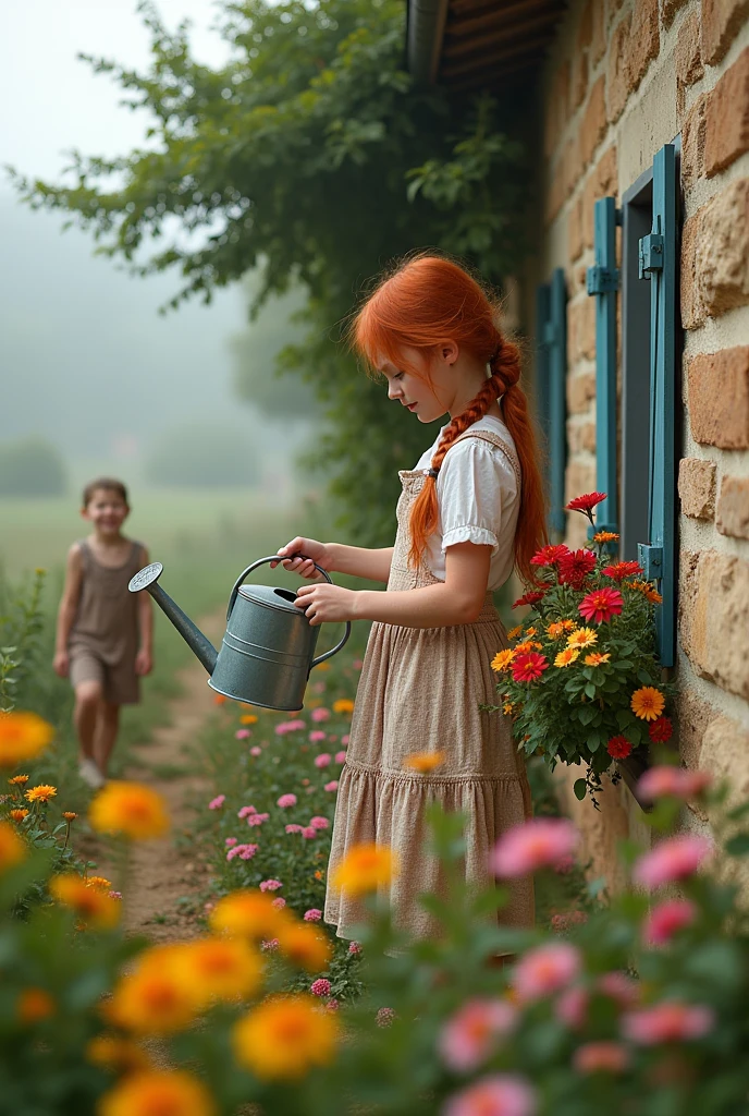 Redhead girl, age 25, use a watering can to water the flower box in the window of your stone house, Children playing nearby. Provence. haze. 超detailded. Provence. Foggy . High grain film. retro photography, David Hamilton Style. Analog photography. grainy. nymph.