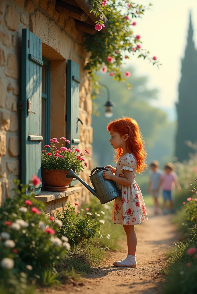 Redhead girl, age 25, use a watering can to water the flower box in the window of your stone house, Children playing nearby. Provence. haze. 超detailded.  Provence. Foggy . High grain film. retro photography, David Hamilton Style. Analog photography. grainy. nymph.