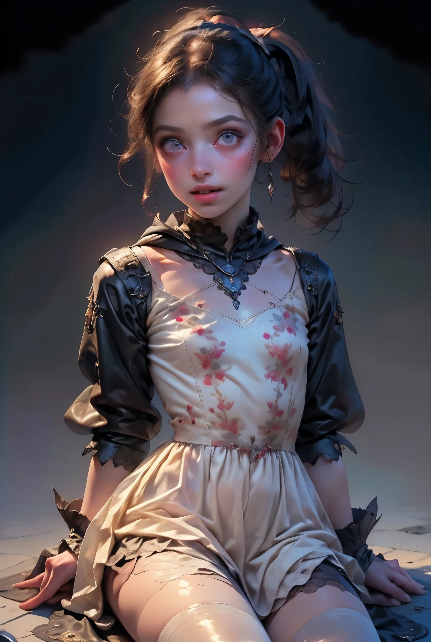 ((best quality)), ((masterpiece)), (detailed), perfect face (((masutepiece, of the highest quality, super detailed))), hand drawn style, hand painted style, watercolour, sketch, a knight, white background, plain background, Bloodborne inspired, tatty Bloodborne attire, occult aesthetic, occult, tatty red and white clothing detailed and intricate steampunk and detailed gothic lolita (with a hood), long coat, Complex laced boots, Fluttering lace flared long knee length dress with frilly petticoats, long dress, knee length dress, pleated petticoats, lolita dress, petticoats gothic lolita aesthetic, beautiful small breasts, (((flat chest:1.1))), (((( Highly detailed face))), small thin nose, Small thin lips mouth, (((Very sharp focused eyes))), Very large slit precision pale grey eyes that shine like jewels. (resolved expression), (resolute expression), ((dark hair)), ((long ponytail, thick ponytail, heavy ponytail)), very long eyelashes, white background, Very dramatic and cinematic lighting, tatty damaged old red and white clothing, full body, whole body, body, cosmic horror, grim dark