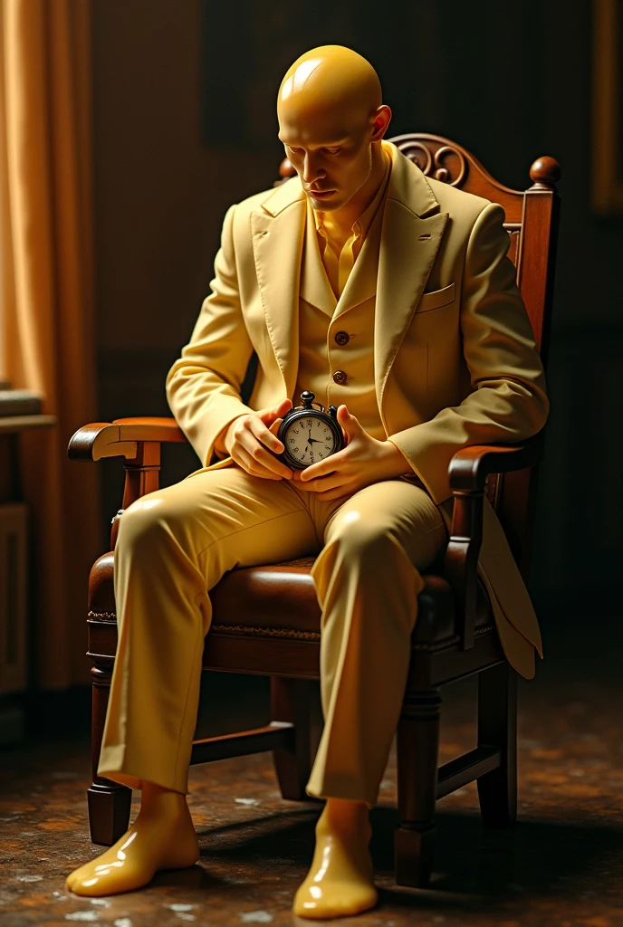 A man half candle wearing a coat sitting on chair while holding stopwatch 