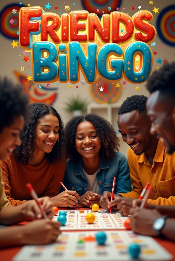 (photorealism:1.2), generate very graphical 8k image using the word "FRIENDS BINGO" se thos specific word i need images for the words coresponding to the bingo game concept
Make the peoples in the image ethiopians and add the word 'FRIENDS BINGO'at the top of tge image with awesome graphics