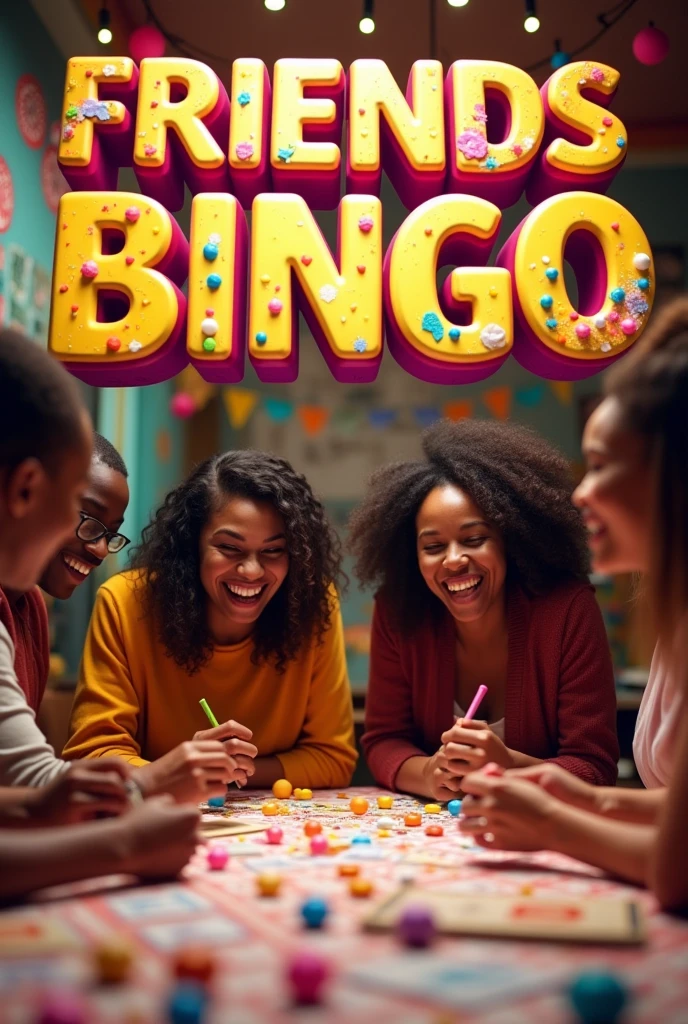 (photorealism:1.2), generate very graphical 8k image using the word "FRIENDS BINGO" se thos specific word i need images for the words coresponding to the bingo game concept
Make the peoples in the image ethiopians and add the word 'FRIENDS BINGO'at the top of tge image with awesome graphics