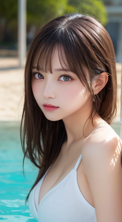 masutepiece, Best quality, illustration, Ultra-detailed, finedetail, A high resolution, 8K wallpaper, Perfect dynamic composition, Beautiful detailed eyes, swim wears, Random cute hairstyle, Medium breasts, Natural color lips,beach, Random cute pose,