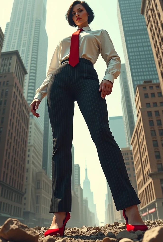 Giant&#39;s Art, Highly detailed Giant shot, Giant, short hair, A women who is miles taller than a skyscraper, big breasts, bbw, black pinstriped pants and white shirt, huge red tie, high heels, very small metropolis, miniature metropolis, crush the big city, full body description, ＧＴＳ, Giga Goddess, Stomping City, crash city, micro city, High resolution, highest quality, masterpiece, 