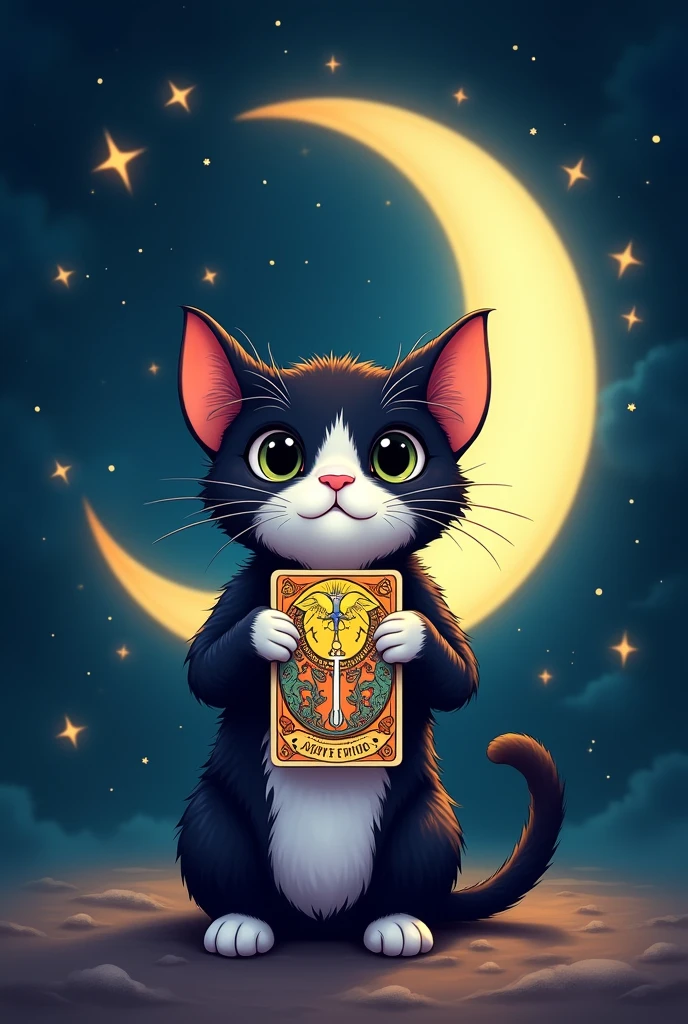 create logo for tarot shop, request: have moon, A cute tuxedo cat holding a tarot card