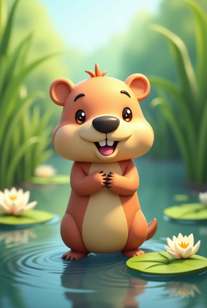 cute 3D mascot greater water capybara, Hydrochoerus hydrochaeris, 3d chibi style, simple cute, kawai, smallest squinting eyes, black muzzle, tailless, small nose, A pose symmetrical character