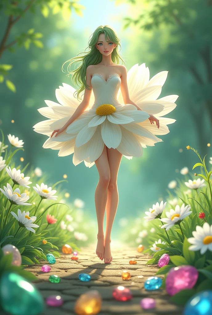 An adult woman in the form of a chamomile with precious stones lying around her in anime style