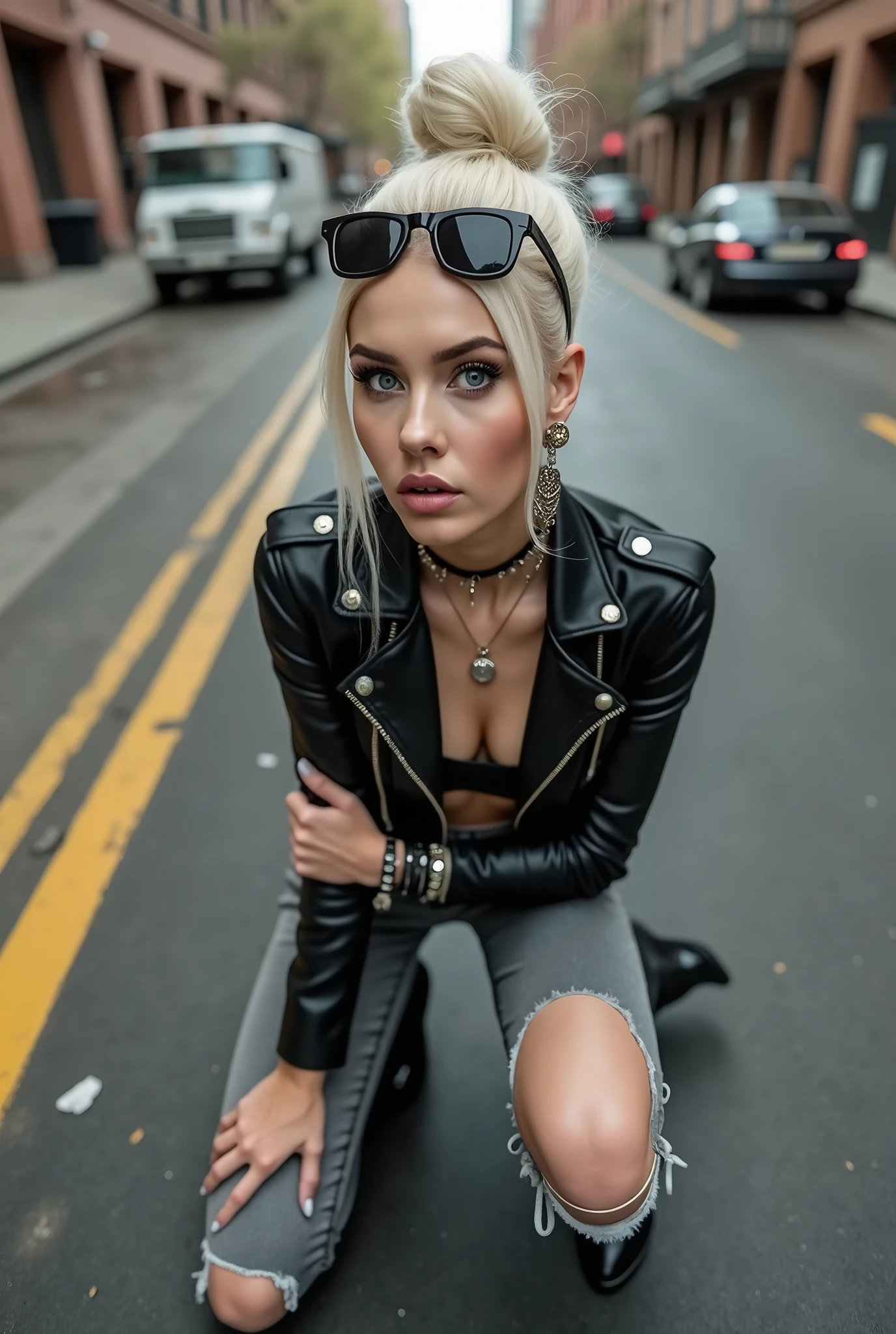 russian milf woman, platinum blonde hair (huge top bun) and sunglasses as headband (big maxi glasses), with very light blue eyes, extremely pale. Wearing cropped black moto jacket, black bra, dark grey jeans and pointy Chelsea boots with cuban heels . Lots of metallic bracelets and collars. Tacky leather belt with oversized buckle. Wide loop earrings. Kneeling in a payer, looking up, chin up, eyes and mouth wide open in amazement. Hands in prayer position .Looking at the camera in amazement, toned abdominals, thin legs and thin arms. tattoed