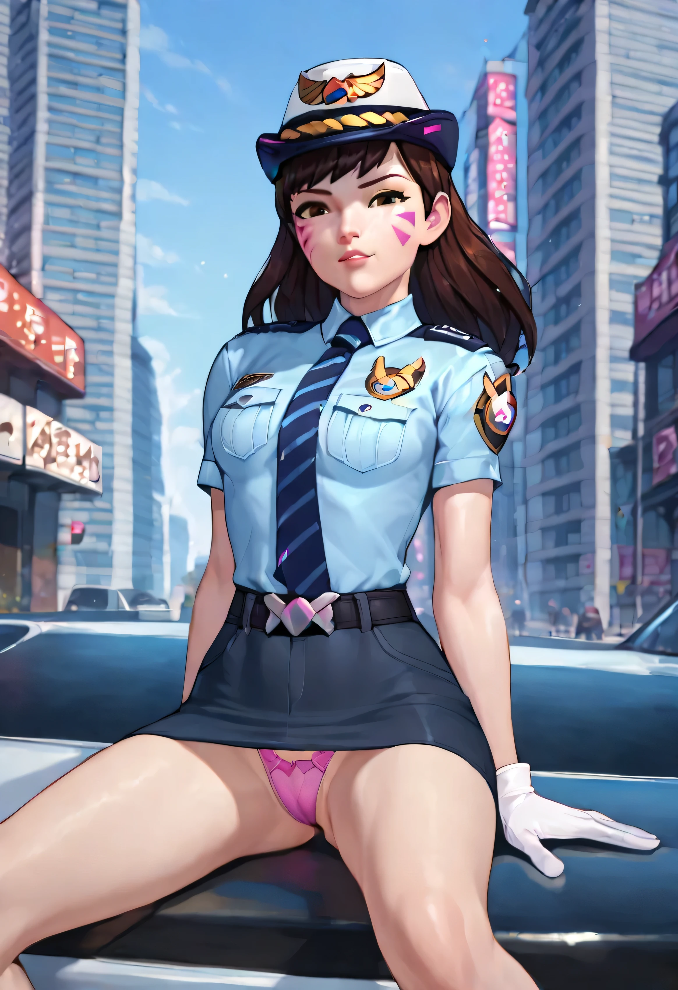 score_9, score_8_up, score_7_up, 1girl, solo focus, officerdva, d.va (overwatch), bodycon minikskirt, pink whiskers, sitting on police cruiser, city downtown