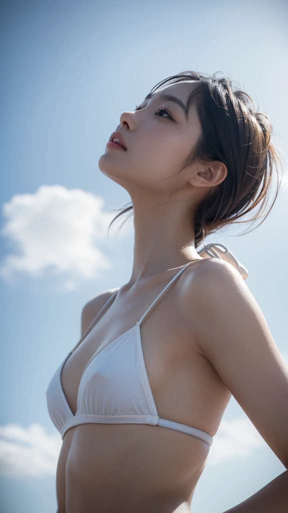 Surreal, A photo taken from an extremely low angle looking up from the ground with the sky in the background、Maintains focus on the person, Upper body from the waist up、From below, 1. Japanese 、Woman in white micro bikini, Short brown hair. clear々A funny expression、Soaking wet, This perspective highlights the underside of the chest, The skin texture is finely rendered, clothing, and shadows. The lighting is natural, Soft shadows accentuate the contours of the chest. The background is blurred, creates a dramatic, From the perspective of looking up.