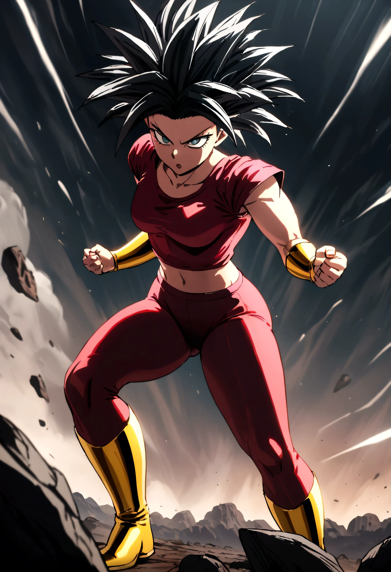 Kefla with black hair up, with red top and leggings, One punch man style