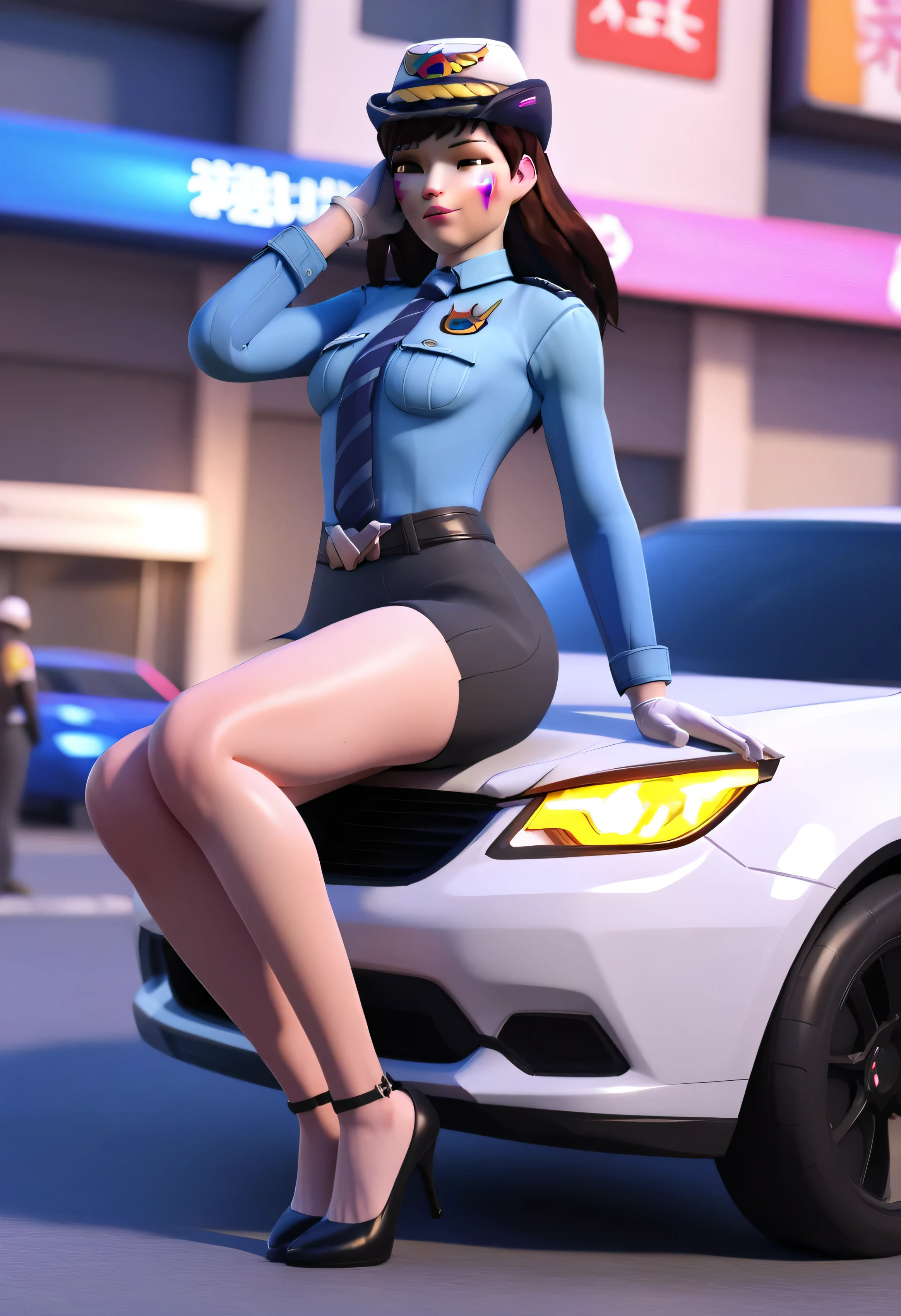 score_9, score_8_up, score_7_up, 1girl, solo focus, officerdva, d.va (overwatch), bodycon minikskirt, pink whiskers, sitting on police cruiser, city downtown, long sleeves, high heels, 