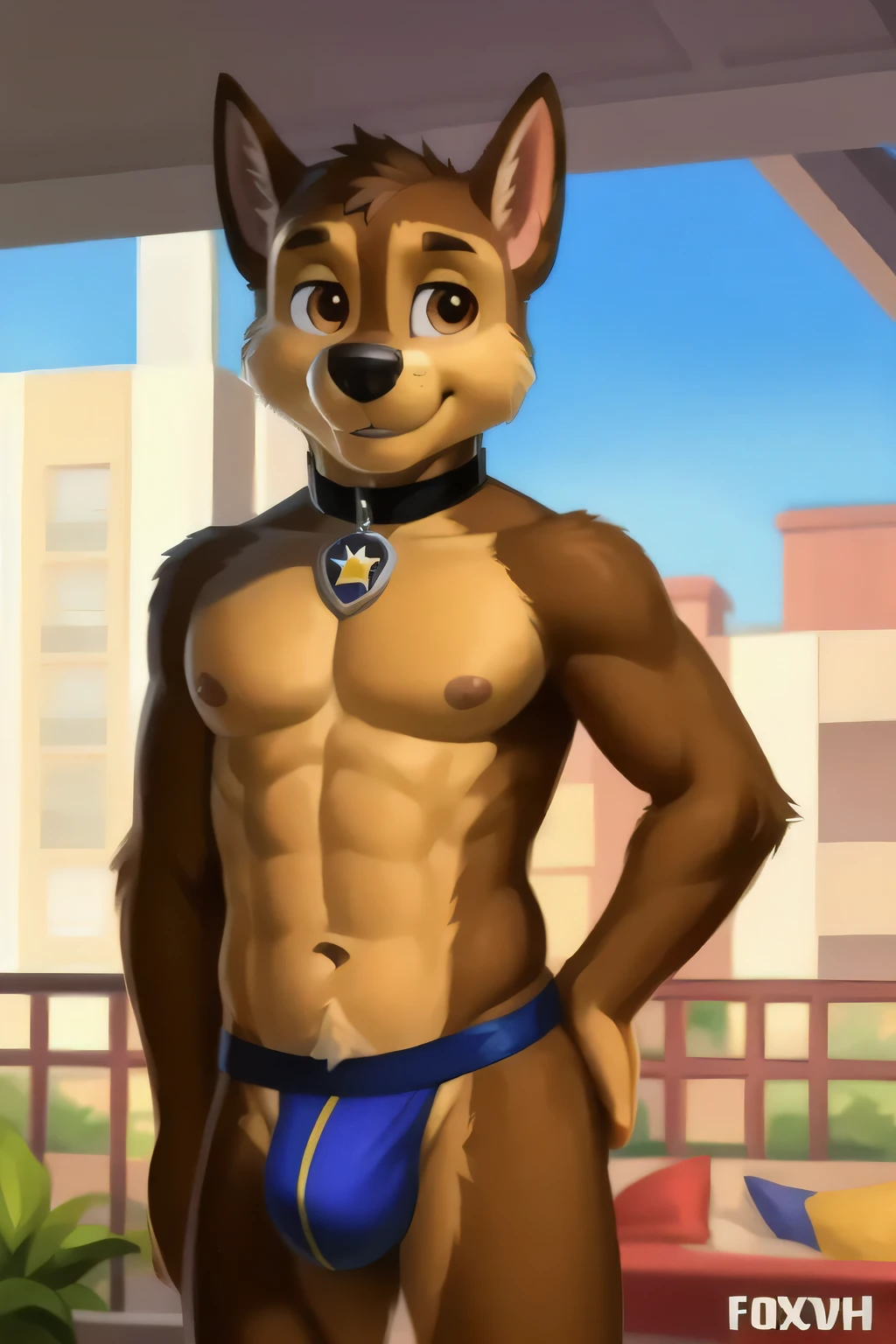 detailed fluffy fur texture, impasto impressionism, (by foxovh, ross tran, michael garmash, pino daeni, iskra), detailed eyes, highly detailed pupils, single, furry, anthro, Chase-pp, domestic dog, male, brown eyes, brown fur, light brown body, fur body, completely naked and wearing a jockstrap, detailed texture of fluffy fur, curvy, wide hips, furry inner ears, front view, standing, gold jockstrap, apartment background, day, 1 kid, smile, cum on face, big pectorals, good abdomen, big, muscular bulge.