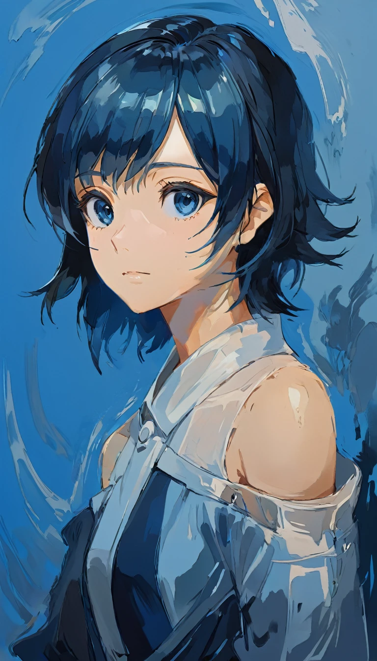 One person,Character Concept Design,Upper Body,(Transparent oil painting with clay brushstrokes:1.2),クールなtone、tone,Dark Background,Blue atmosphere,Three-dimensional,(Genuine, Genuineistic, Three-dimensional:1.43)