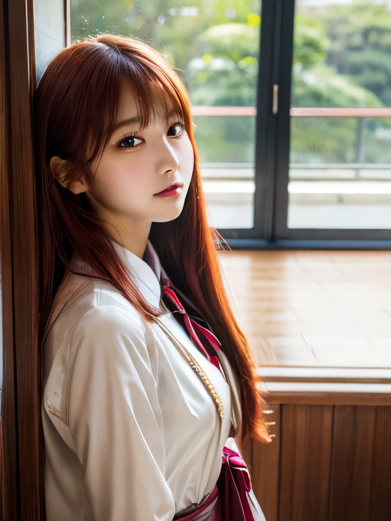 Japanese high school girls, Ultra high definition,Ultra-high resolution,masterpiece,8k Raw Photo:1.5, A beautiful tall woman with red hair in school, Delicate depiction,delicate beauty, 