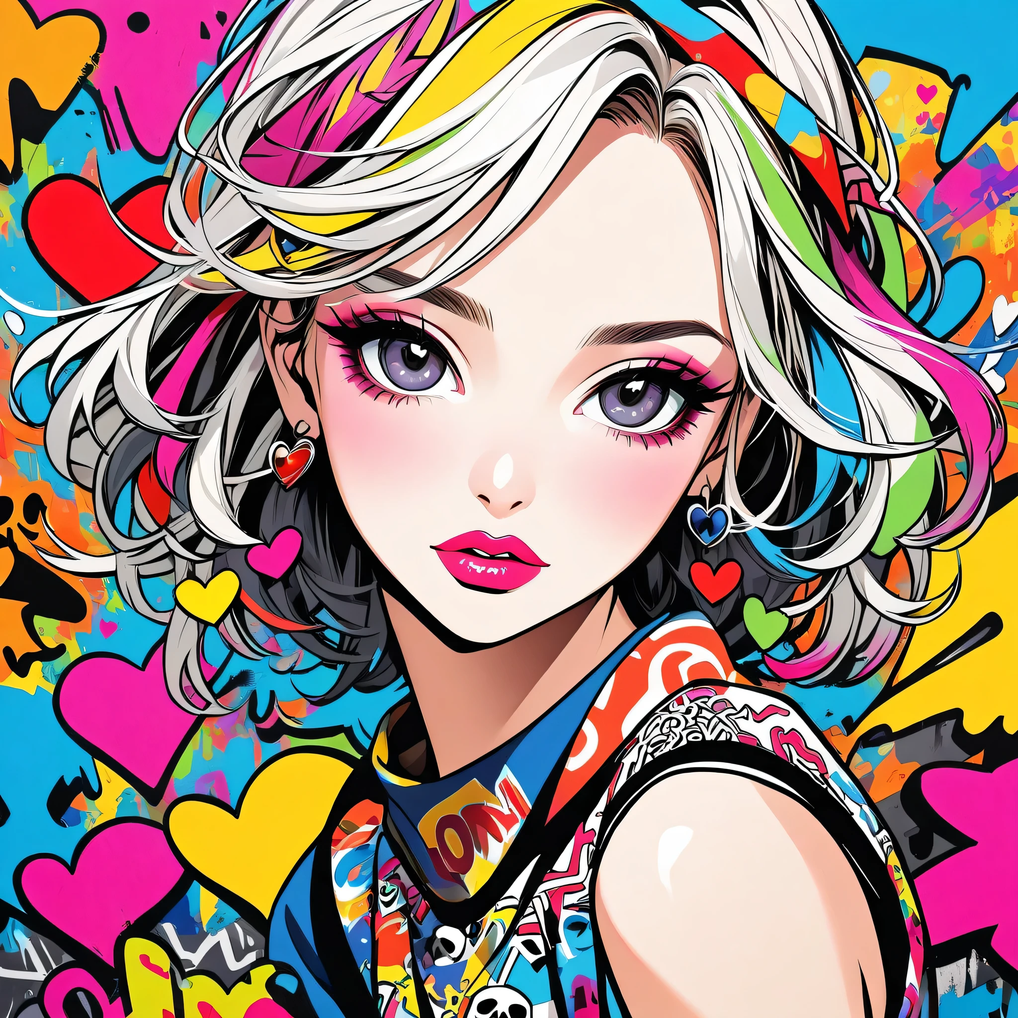 Ultra-realism Keith Haring colorful style, Simple Line Initialism，Abstract art，(((The most beautiful girl of all time))), Sweet face. Lips in love, colorful hearts, stylish design, Summer Skull fashion, Dark Eyes, The background is filled with colorful graffiti.
