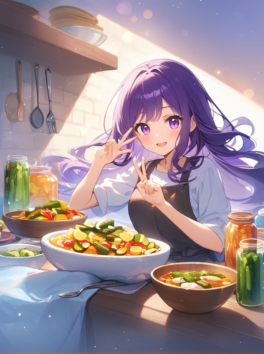 "A cheerful woman making a peace sign with her hand. She has deep blue-purple hair styled in flowing waves with a gradient effect, adding depth and dimension. The hair shimmers under the light, highlighting its texture. The background features a cozy kitchen with various utensils and food items. In the foreground, there are two jars filled with vibrant pickles, with clear labels visible. The image includes contrasting text that says 'Packaged' to emphasize."