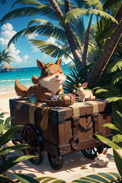 Treasure-hunting pirate capybara wearing a stylish eye patch Look up at the lush coconut trees. Its trunk was decorated with colorful tassels and shells, and the soft sunlight filtered through the leaves, casting dappled shadows on the sandy beach below. The rabbit's paw grabbed a miniature treasure map. As he contemplates the next step in his thrilling adventure,